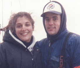 Close up of Captains Jill and Steve wearing winter fishing gear