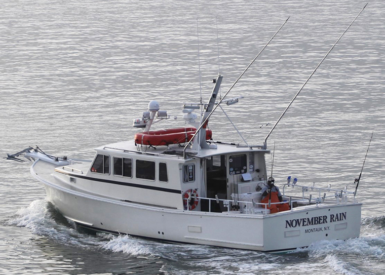 Three-quarter view from above of the November Rain on the water.