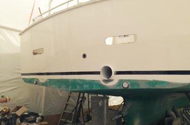 View of transom (back of the boat) from ground level inside the tent