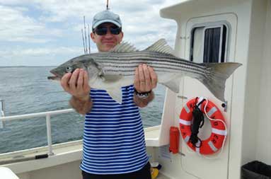 Sergey on the boat holding up his catch and smiling