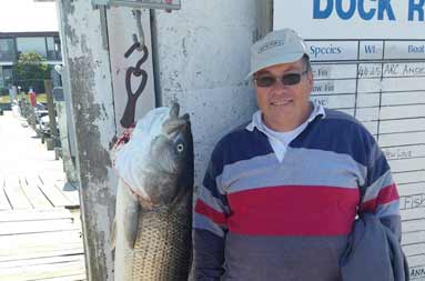 Robert Bonacker standing next to his 41.65lb fish on the scale