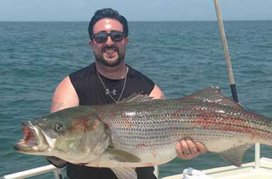 A third guy stands on the boat holding a huge bass