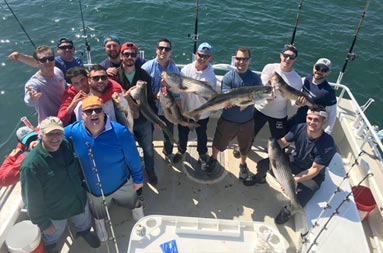 A group shot of everyone aboard the boat holding their catch.