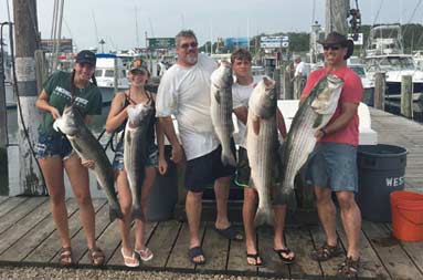 A group of two men and three adolescents back at the marina holding up the fish they caught. 