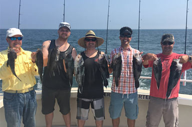 Five men smile as they each hold up 2 sea bass .