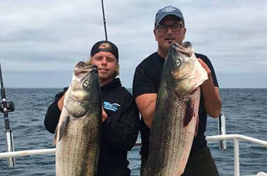 Two more men each hold up the striped bass they caught for the camera.