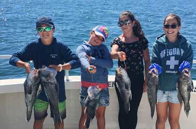 Two adolescent boys and two adolescent girls each hold up the 6 sea bass.