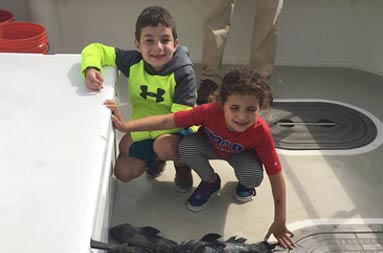 A young boy and girl kneel next to the spread of sea bass everyone caught.