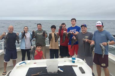 A group 9 men/teenage boys and a woman each proudly hold up 2 sea bass.
