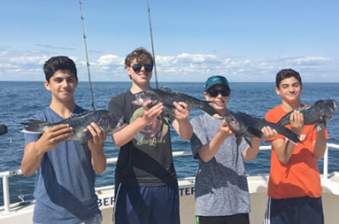 A group of 4 teenage/young adult boys each hold up the sea bass they caught.