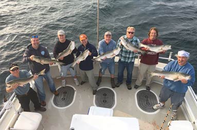 View from atop the boat looking down at the deck at 8 men each holding up the striped bass they caught.