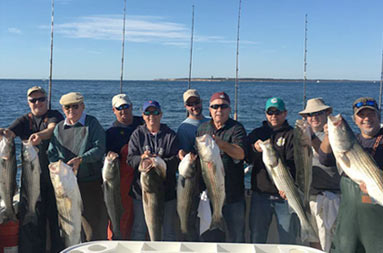 On a sunny clear sky day, nine men each hold up the striped bass they caught.