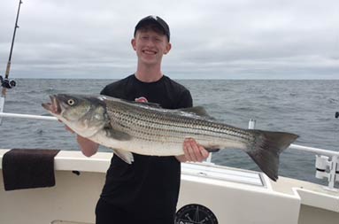 A young man with a bit smile holds up a large striped bass.