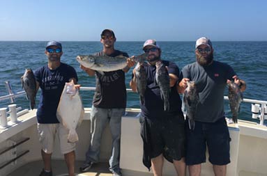 Four men hold up a mix of sea bass, fluke and striped bass.