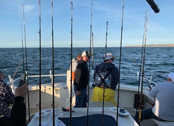 View from inside the cabin looking out onto the boat and the water with numerous fishing rods standing up waiting to be used.