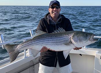 With the blue sky and ocean behind him, a man wearing sunglasses holds up the striped bass he caught and smiles.