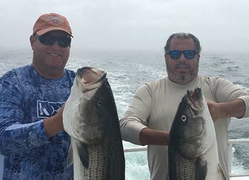 On a very foggy, overcast day on the water, two men each hold up the striped bass they caught.