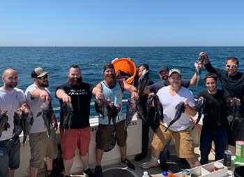 Eight men stand side by side and hold up the sea bass they caught.