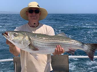 A man wearing sunglasses and a hat on a sunny summer day holds up a striped bass.