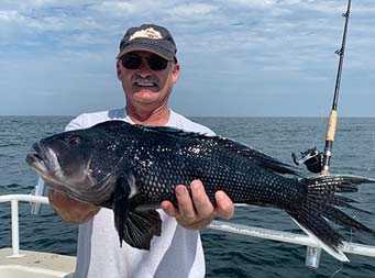 A man wearing a baseball cap and sunglasses holds out a sea bass.