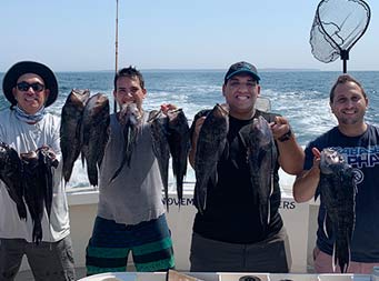 On a sunny day with the boat's wake behind them in the water, 4 men smile and hold up their catch.