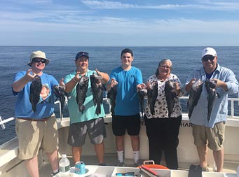 One woman and three men each hold up two sea bass and smile.