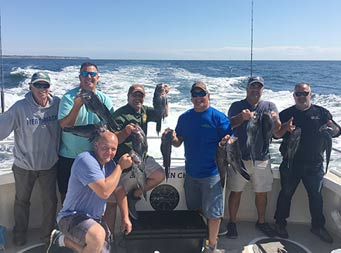 On a sunny day, seven men smile and each hold up the sea bass they caught.
