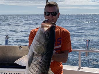 On a sunny day with clouds in the sky, a man wearing sunglasses holds up a large striped bass with both hands.