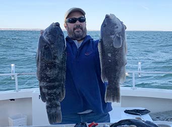 A mean wearing a blue fleece and sunglasses holds up a blackfish in each hand with about a dozen more laid out on the fillet table in front of him.