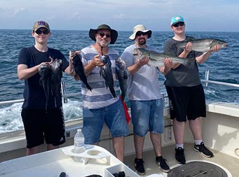 On a clear, sunny day with few clouds in the sky, 4 men, all wearing hats and sunglasses hold up a mix of 4 sea bass and 2 striped bass.
